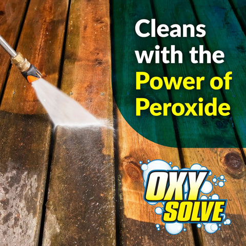 Oxy Solve Deck And Fence Pressure Washer Cleaner unscented peroxide power lifts stubborn grime from wooden deck surface