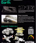 Back packaging of Steam Locomotive 3D Metal Model Kit with illustration and assembly instructions. Collectible models displayed.