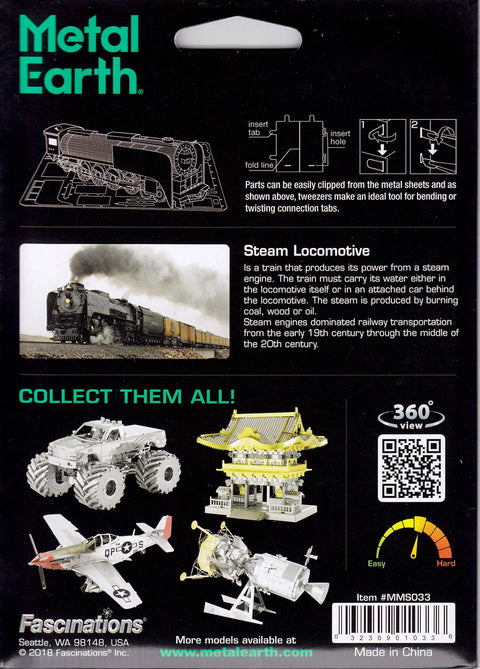 Back packaging of Steam Locomotive 3D Metal Model Kit with illustration and assembly instructions. Collectible models displayed.