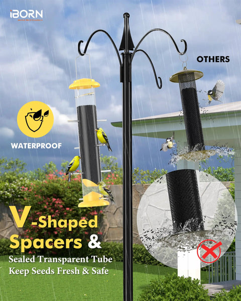 Outdoor Finch Feeder For Nyjer Thistle Seed, 14 Inch Tube Bird Feeder With 12 Feeding Ports And 8 Perches, Metal Hanging, Yellow Finish