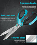 Beefy Heavy Duty All Purpose Scissors For Home, Office And Workshop With 10 Inch Stainless Steel Blades, Ergonomic Non Slip TPR Handle, Long Lasting Sharp Cut Through Cardboard, Fabric, Paper And Tough Materials. Close-up of serrated blade and TPR handle