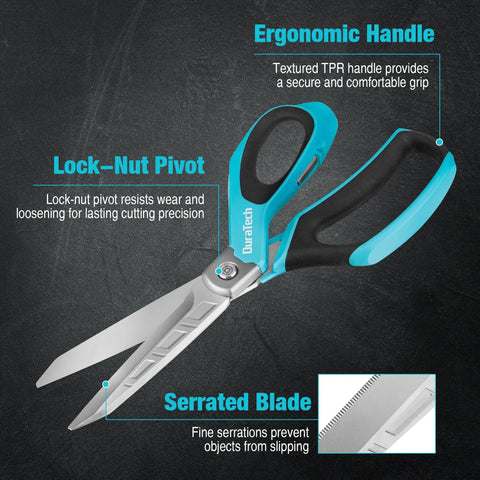 Beefy Heavy Duty All Purpose Scissors For Home, Office And Workshop With 10 Inch Stainless Steel Blades, Ergonomic Non Slip TPR Handle, Long Lasting Sharp Cut Through Cardboard, Fabric, Paper And Tough Materials. Close-up of serrated blade and TPR handle