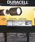 Packaging of Duracell DuraBeam Ultra flashlight showing product features and specifications in English, French, and Spanish.