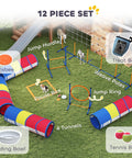 All In One Dog Agility Training Set 12 Piece Obstacle Course With Adjustable Hurdle And Ring Four Tunnels Weave Poles Pause Box
