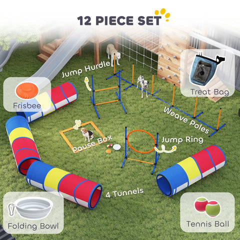 All In One Dog Agility Training Set 12 Piece Obstacle Course With Adjustable Hurdle And Ring Four Tunnels Weave Poles Pause Box