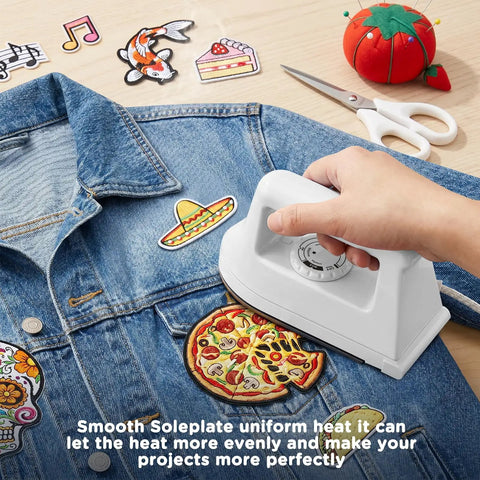 Compact Mini Iron For Clothes, Portable Travel Steam Press Machine For T Shirts And Crafts applying heat to patches on denim.