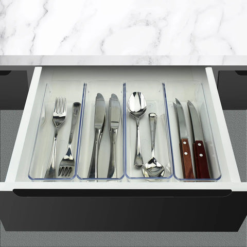 Clear Drawer Organizer Set Four Piece Modular Bins For Office Home Makeup Kitchen And Junk Drawer Storage Crystal Clear Plastic Durable And Stackable For Easy Access Boss Level Neat Drawers inside kitchen drawer with cutlery