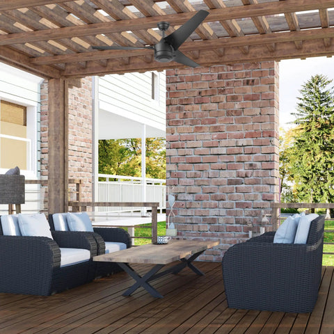 Chill Out Under This Awesome 56 Inch Flush Mount Low Profile Hugger Ceiling Fan No Light Wet Rated For Big Indoor Rooms And Outdoor Covered Patios Three Dual Finish Blades Easy Pull Chain Control Matte Black Finish installed on a wooden patio.