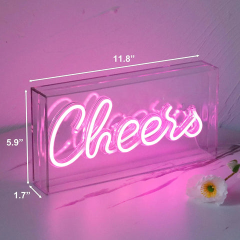 Neon Sign USB LED Light Up Bar Sign For Party Home Decor Desk Lightbox 3D Wall Neon Lamp with 'Cheers' text in pink
