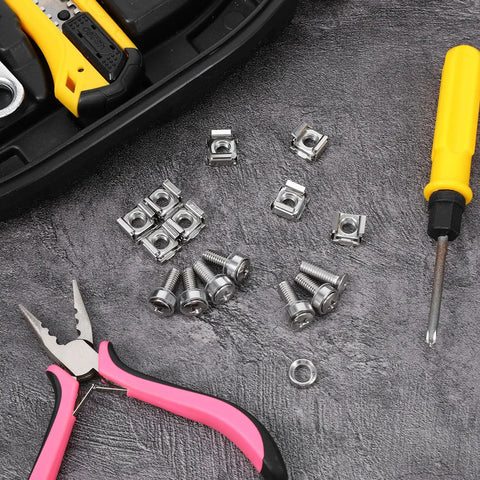 100 Pack Kickass Rack Mount Cage Nut Hardware Kit Featuring Tough M6 X 20mm Stainless Steel Screws And Washers, tools included.