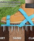 Fully Assembled Lawn Aerator Shoes With Adjustable Velcro Straps For Men And Women No Slip Ground Piercing Spikes in use on soil