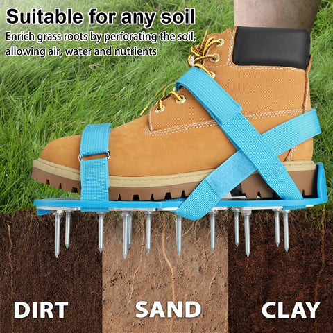 Fully Assembled Lawn Aerator Shoes With Adjustable Velcro Straps For Men And Women No Slip Ground Piercing Spikes in use on soil