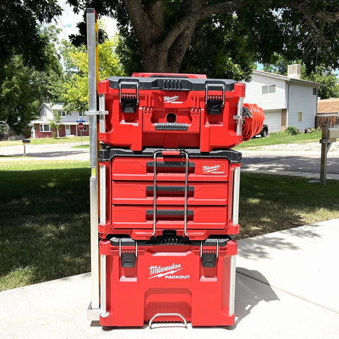 Level Mount Holder For Packout Tool Boxes And Organizers Compatible With All Aluminum Rail Packout Systems Safely Holds Levels Up To 2.8 Inches Wide By 1.5 Inches Deep Includes Set Screws Left Side Mount Upgrade on red tool boxes outdoors