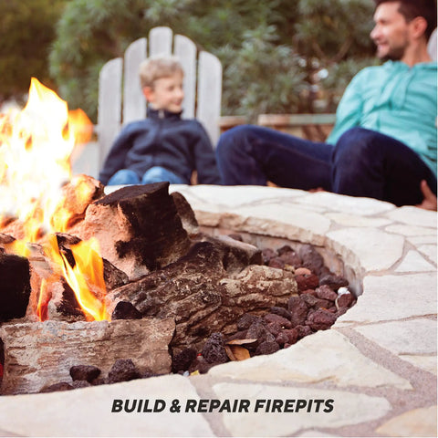 Family sitting by fire pit built with Castable Refractory Cement For High Temperature Fireplaces And Wood Stoves 12.5 Pound Easy Mix DIY Friendly
