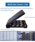 Coin Counter Tray With Cover Dual Pack Mini Coin Sorter Tray For All US Coins Pennies Nickels Dimes Quarters Half Dollars And Dollars Easy To Use Bank Teller Style Change Holder Sweet Gift For Car Home Office showing dark grey and semi-transparent versions.