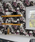 Dark Floral Peel And Stick Wallpaper Roll 24x354 Inches Black Background With White Purple Pink Roses in kitchen decor