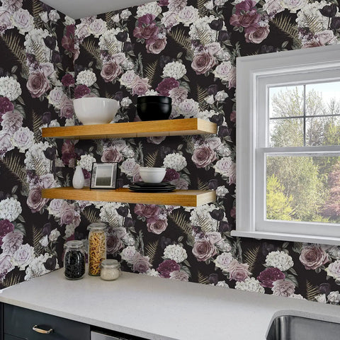Dark Floral Peel And Stick Wallpaper Roll 24x354 Inches Black Background With White Purple Pink Roses in kitchen decor