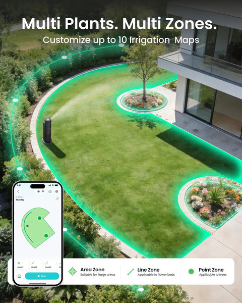 IrriSense 2 Smart Irrigation System With 4 In 1 Multi Zone Watering, App Control And Smart Scheduling in a modern garden setup