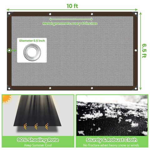 Diagram of Ninety Percent Shade Cloth For Garden Greenhouse Patio And Backyard With Reinforced Grommets Six Point Five By Ten Feet UV Resistant Sun Block Mesh showing dimensions and features