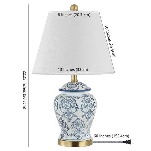 Blue And White Chinoiserie Ceramic Urn Table Lamp With White Linen Shade Classic Nightstand Light For Living Room And Bedroom ETL Listed 120V Safety LED Bulb Included Energy Saving Lit Warm Glow with dimensions