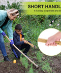 Mom and child using Japanese Hand Tiller And Garden Rake Tool With 15.4 Inch Stainless Steel Cultivator And Hoe for gardening tasks