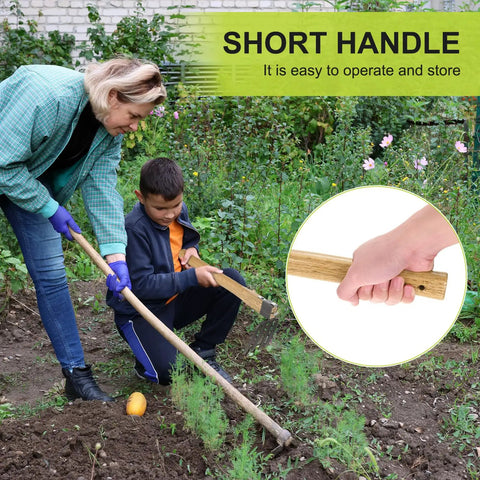 Mom and child using Japanese Hand Tiller And Garden Rake Tool With 15.4 Inch Stainless Steel Cultivator And Hoe for gardening tasks