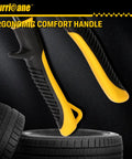 Close-up of Hurricane sheet metal V-notcher hand tool with yellow and black ergonomic handles