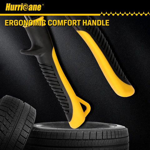 Close-up of Hurricane sheet metal V-notcher hand tool with yellow and black ergonomic handles