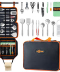 Camping Cooking Utensils Set 16 Piece Camp Kitchen Kit With Organizer Bag Portable RV Camping Essentials Camper Must Haves For Cookouts And Open Fire Pit, displayed in an orange-trimmed bag with utensils and tools.