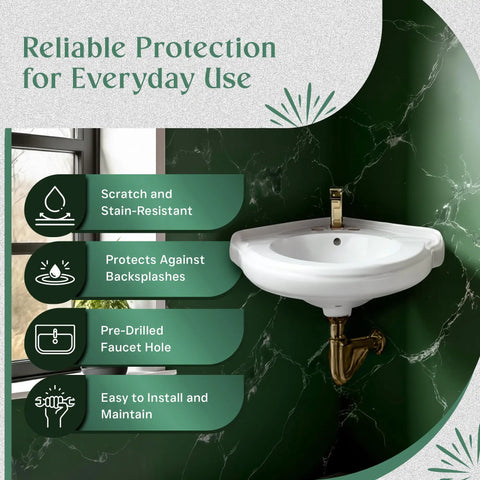 22 Inch Corner Wall Mounted Bathroom Sink White With Overflow No Hardware Model 87333 in bathroom corner with green wall.