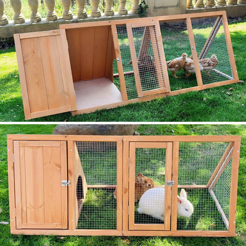 Outdoor Rabbit Hutch And Chicken Coop With Ventilated Wire Run And A Frame Design in garden with rabbits and chickens inside
