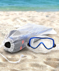 Breathable Mesh Sports Equipment Bag 12x18 Inch, Heavy Duty Nylon Drawstring Gear Sack With Lock And ID Tag on beach