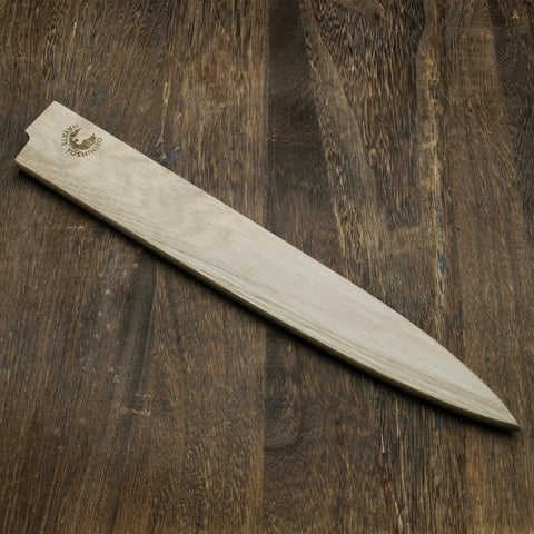 Premium Magnetic Oak Saya Cover For Yanagi Knives on wooden surface, showcasing rugged blade protector, 270mm size