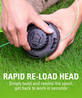Heavy Duty 40 Volt Cordless String Trimmer Loaded With A Badass Brushless Motor And Four Point Zero Ah Battery, rapid reload head in use.