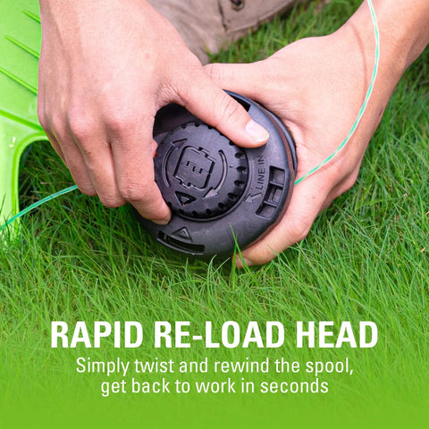 Heavy Duty 40 Volt Cordless String Trimmer Loaded With A Badass Brushless Motor And Four Point Zero Ah Battery, rapid reload head in use.