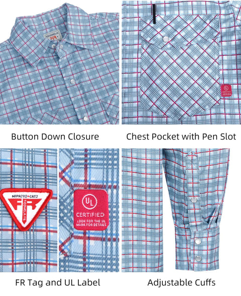 Men's Flame Resistant Plaid Shirt 6.5 Oz Lightweight FR Treated Blue And Red Check with pocket, labels, and adjustable cuffs.