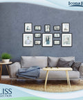 Living room with multiple Sleek Black 5x7 Picture Frame For Desk Or Wall Mount Modern Engineered Wood Frame From The Bliss Collection displayed on wall