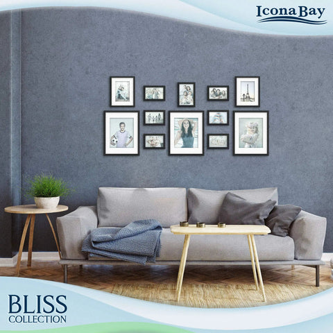 Living room with multiple Sleek Black 5x7 Picture Frame For Desk Or Wall Mount Modern Engineered Wood Frame From The Bliss Collection displayed on wall