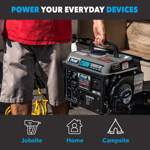 Person holding Gas Powered Portable Generator With Carrying Handle 1200W Running Power And 1200 Peak Watts Black And Gray