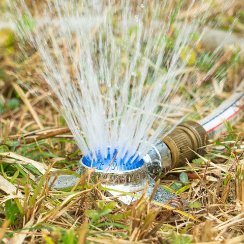 Two Pack 360 Degree Metal Sprinkler With Gentle Water Flow Circle Pattern Lawn Yard Garden Watering For Small Areas Coverage Up To 30 Feet Diameter Durable Alloy Metal Construction Blue, close-up of sprinkler on grass