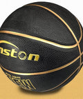 Outdoor And Indoor Rubber Basketball With Pump Official Size 7 29.5 Inch Ball High Grip Durable And Wear Resistant For Dunking Passing And Rebounding Game Ready Backyard Hoops Black And Gold on beige surface