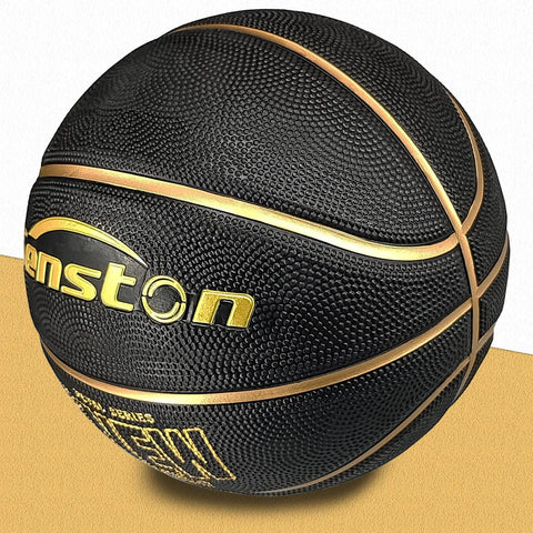 Outdoor And Indoor Rubber Basketball With Pump Official Size 7 29.5 Inch Ball High Grip Durable And Wear Resistant For Dunking Passing And Rebounding Game Ready Backyard Hoops Black And Gold on beige surface