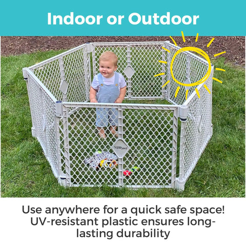 Two In One Superyard Duo Extra Wide Baby Gate And Play Yard Six Panel Portable Playpen with child outdoors