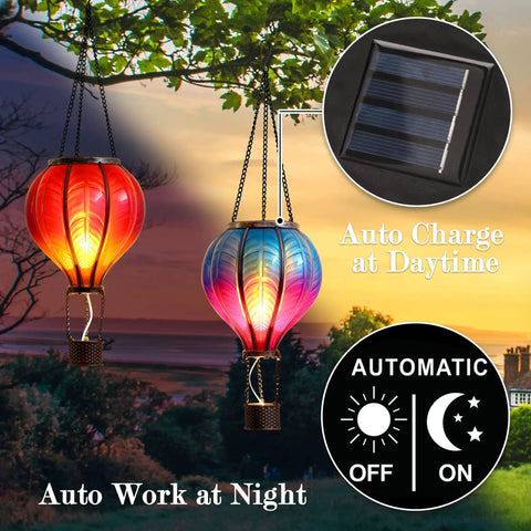 Set Of 2 Dope Hot Air Balloon Solar Lanterns For Outdoor Garden Decor glowing at dusk with auto-charge feature shown