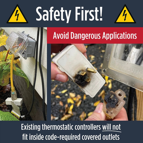 Outdoor 120V Heat Cable Controller Thermostat Weatherproof installed in exterior outlet, showing safety warning about proper applications.