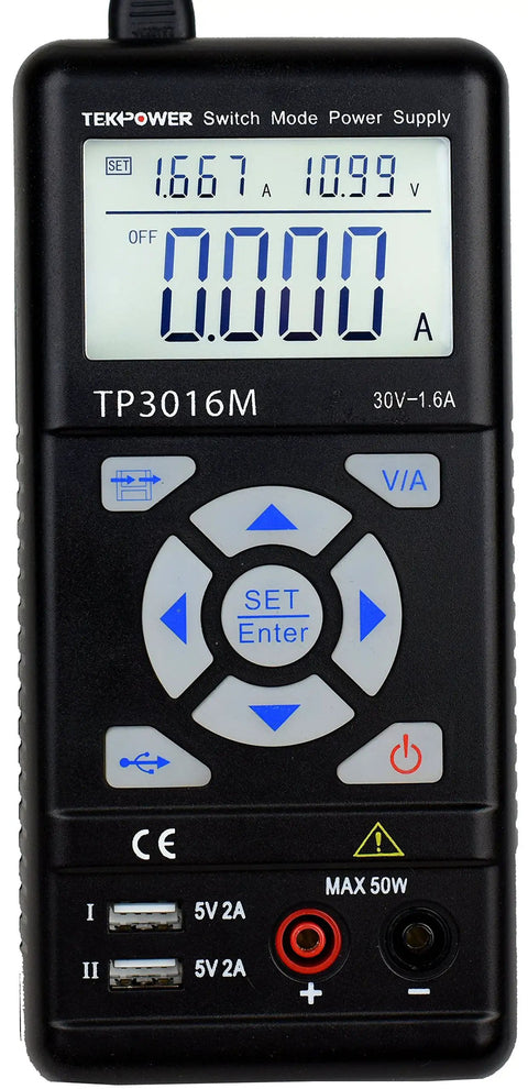 Front view of Portable Handheld DC Power Supply with USB Output Dope For Makers, showing four digit LCD and control buttons.