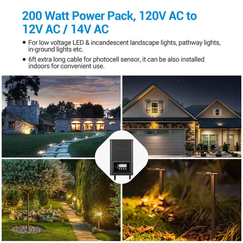 200W Low Voltage Landscape Lighting Transformer With Timer And Photocell Sensor, 120V AC To 12V Or 14V AC, Dusk To Dawn Auto On Off, Indoor Outdoor Weatherproof, ETL Listed, For Spotlight And Pathway Lights