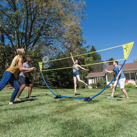 People playing with Backyard Badminton Set With Easy Setup Net 4 Steel Shaft Rackets 2 Durable Shuttlecocks 15 Feet Wide And 5 Feet Tall Court