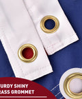 Close-up of brass grommets on Outdoor 3x5 Ft American Flag Deluxe Heavy Duty Spun Polyester Tearproof And Waterproof All Weather High Wind Flag with Embroidered Stars Sewn Stripes Brass Grommets Built To Stand Up To Any Weather, Tough As Nails
