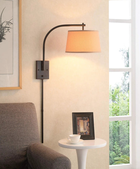 Oil Rubbed Bronze Sweep Wall Lamp With Adjustable Swing Arm And Swivel Shade, Sleek Modern Minimalist Vibe, in living room